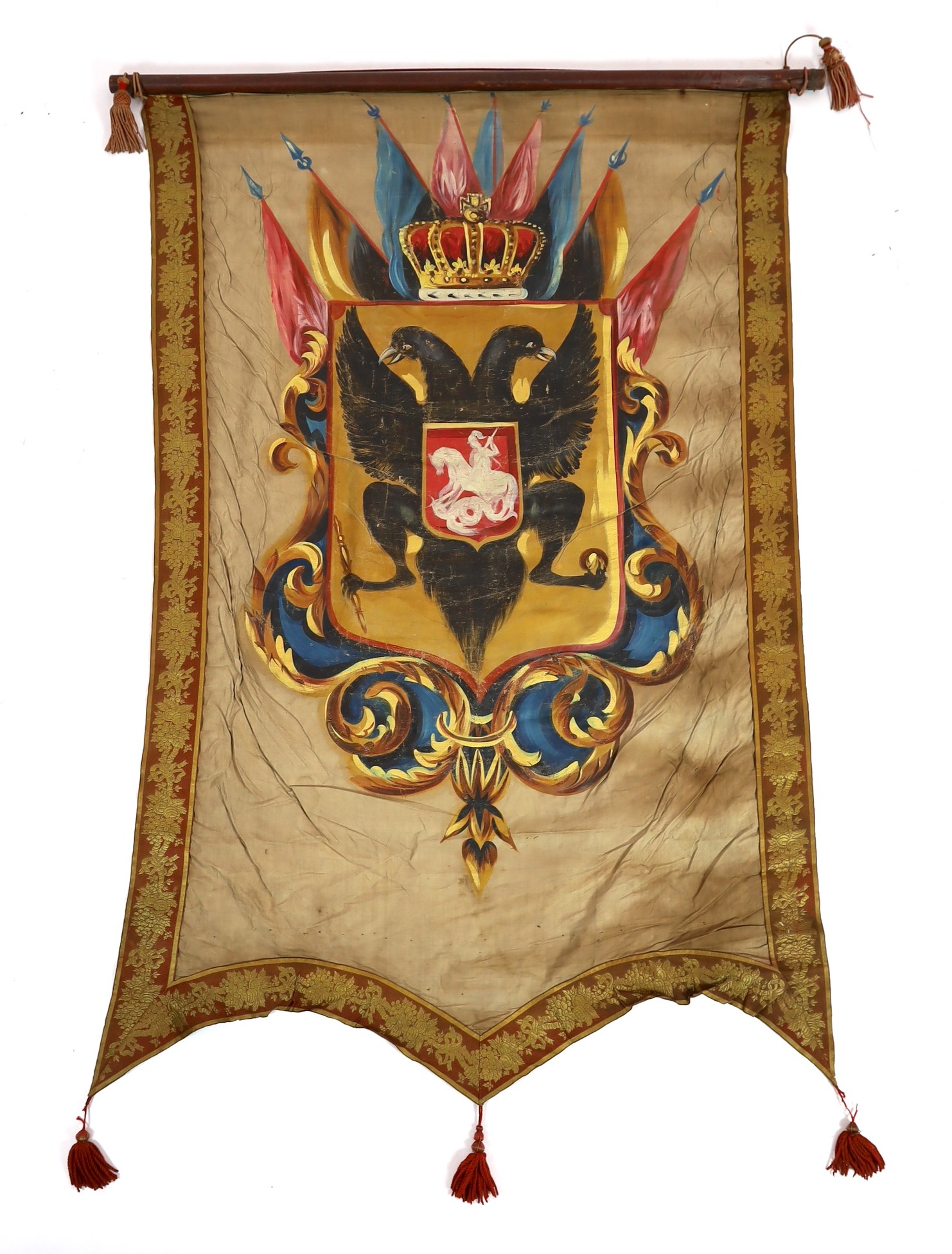 Nine mid 19th century Royal heraldic banners, each approximately 150cms x 50cm